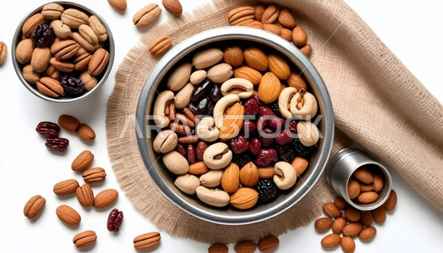 وجبة ذات قيمة غذائية عالية، منتجات ومحاصيل زراعية محلية سعودية وطنية، صورة من الأعلى لأطباق ضيافة مليئة بانواع المكسرات المختلفة الطازجة، موالح و سناكات لذيذة، خلفية بيضاء