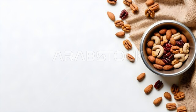 وجبة ذات قيمة غذائية عالية، منتجات ومحاصيل زراعية محلية سعودية وطنية، صورة من الأعلى لأطباق ضيافة مليئة بانواع المكسرات المختلفة الطازجة، موالح و سناكات لذيذة، خلفية بيضاء