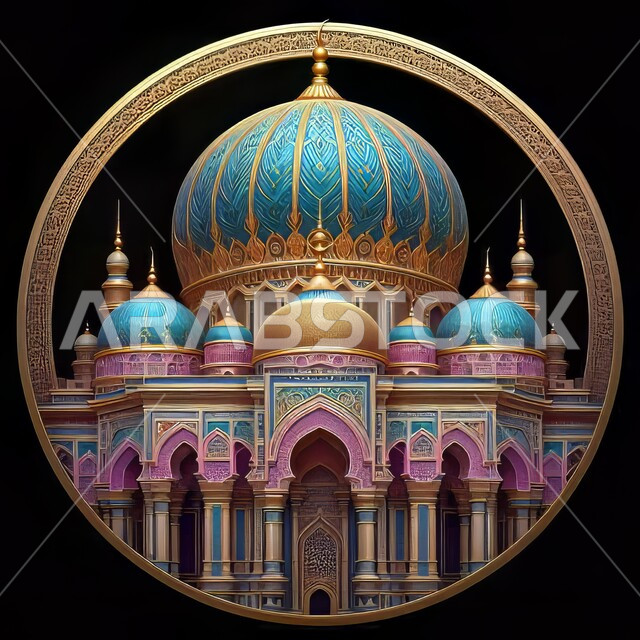 الفن الهندسي المعماري، المآذن والقبب المزخرفة، ديكورات وتصاميم اسلامية ثري دي، رسم توضيحي للمسجد الكبير المهيب، تصميم لجامع إسلامي على الطراز العريق، خلفية سوداء