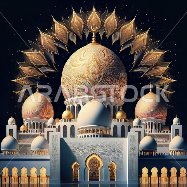 Ornate domes and minarets, architectural geometric art, 3D Islamic decorations and designs, illustration of the majestic Grand Mosque, design of an Islamic mosque in ancient style, black background
