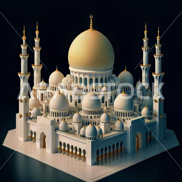 المآذن والقبب المزخرفة، ديكورات وتصاميم اسلامية ثري دي، رسم توضيحي للمسجد الكبير المهيب، الفن الهندسي المعماري، تصميم لجامع إسلامي على الطراز العريق، خلفية سوداء