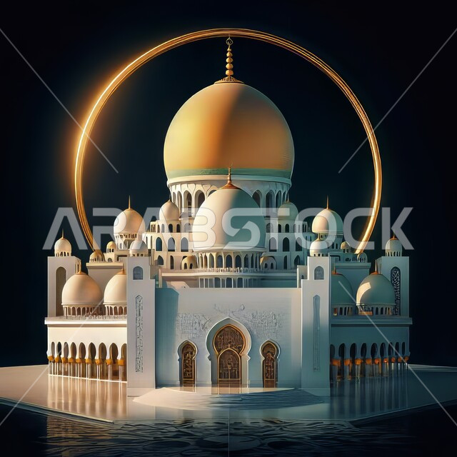 Architectural engineering art, minarets and ornate domes, 3D Islamic decorations and designs, an illustration of the majestic Grand Mosque, design of an Islamic mosque in ancient style, black background