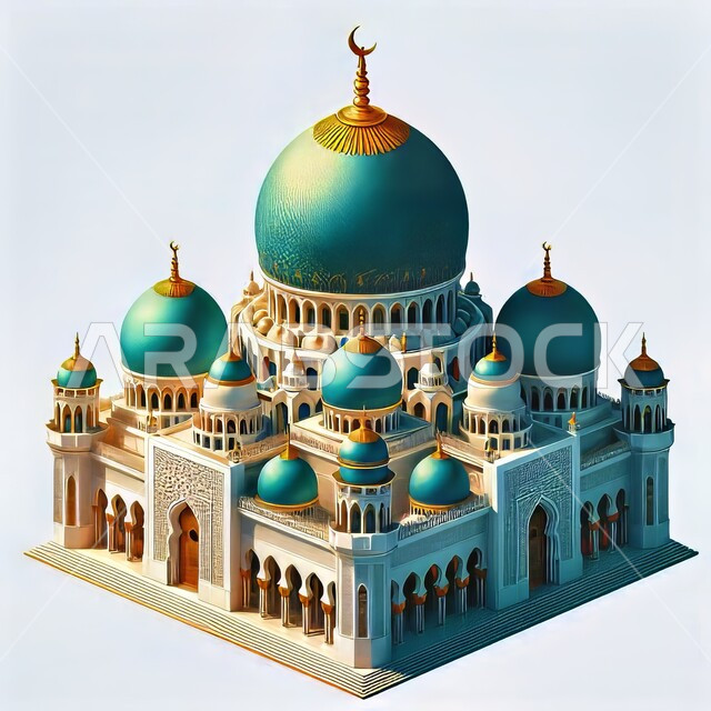 رسم توضيحي للمسجد الكبير المهيب، ديكورات وتصاميم اسلامية ثري دي، المآذن والقبب المزخرفة، الفن الهندسي المعماري، تصميم لجامع إسلامي على الطراز العريق، خلفية بيضاء
