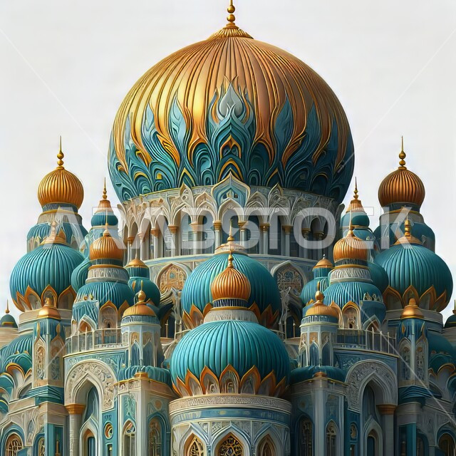 رسم توضيحي للمسجد الكبير المهيب، ديكورات وتصاميم اسلامية ثري دي، المآذن والقبب المزخرفة، الفن الهندسي المعماري، تصميم لجامع إسلامي على الطراز العريق، خلفية بيضاء