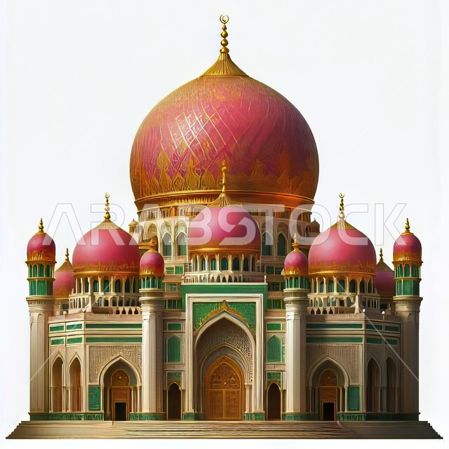 ديكورات وتصاميم اسلامية ثري دي، رسم توضيحي للمسجد الكبير المهيب، المآذن والقبب المزخرفة، الفن الهندسي المعماري، تصميم لجامع إسلامي على الطراز العريق، خلفية بيضاء