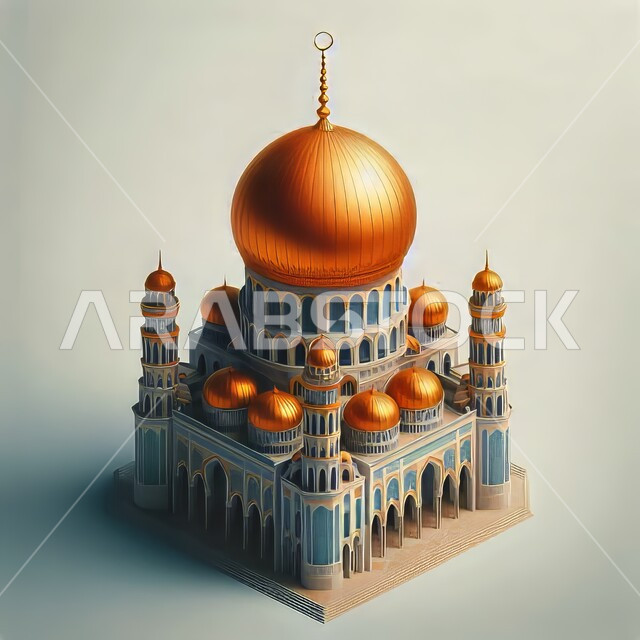 المآذن والقبب المزخرفة، ديكورات وتصاميم اسلامية ثري دي، رسم توضيحي للمسجد الكبير المهيب، الفن الهندسي المعماري، تصميم لجامع إسلامي على الطراز العريق، خلفية بيضاء