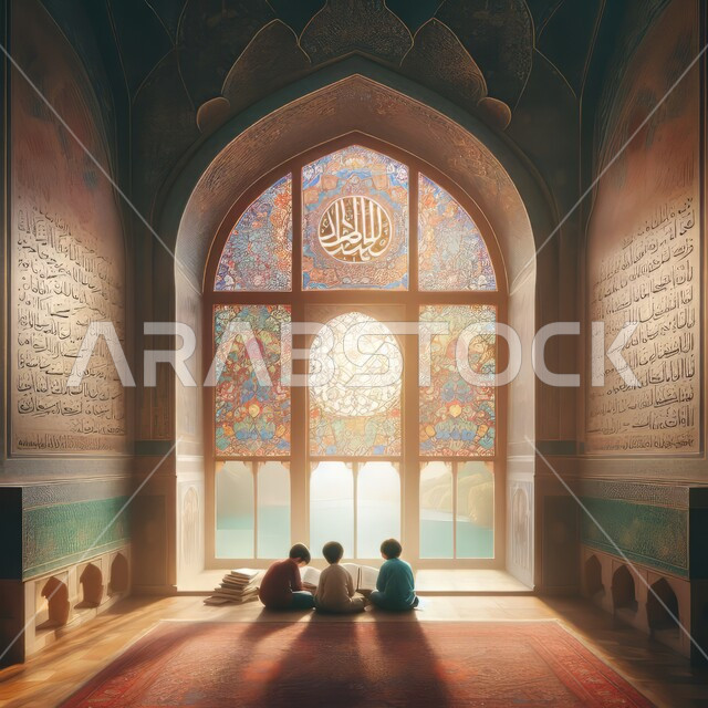 Worship and drawing closer to God, promoting the recitation and memorization of the Book of God, the Grand Mosque from the inside, correct common sense, a picture from the back of a group of Saudi Gulf Arab children wearing traditional thobes reading the Holy Quran