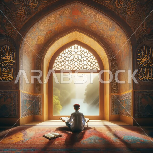 تعزيز تلاوة وحفظ كتاب الله، المسجد الكبيرمن الداخل، الفطرة السليمة الصحيحة، العبادة والتقرب إلى الله، صورة من الخلف لطفل عربي خليجي سعودي يرتدي الثوب التقليدي يقوم بقراءة القرآن الكريم