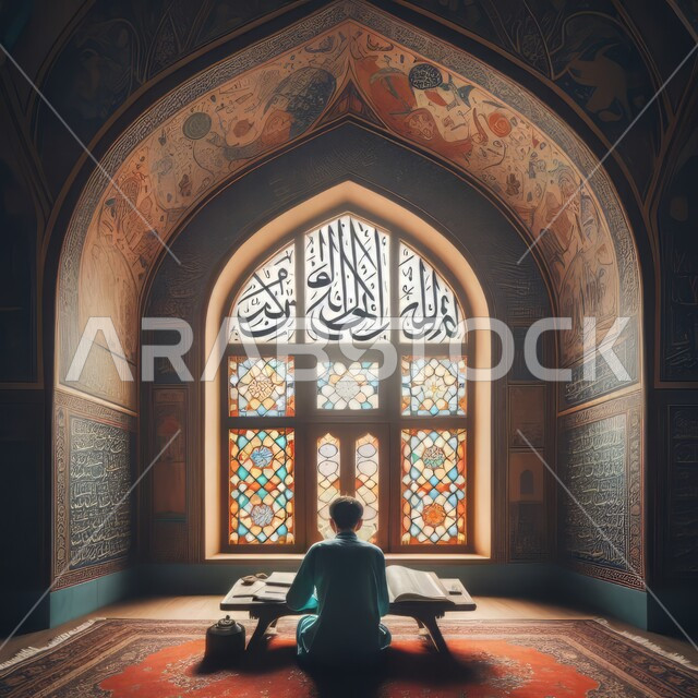 المسجد الكبيرمن الداخل، الفطرة السليمة الصحيحة، العبادة والتقرب إلى الله، تعزيز تلاوة وحفظ كتاب الله، صورة من الخلف لطفل عربي خليجي سعودي يرتدي الثوب التقليدي يقوم بقراءة القرآن الكريم