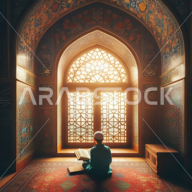 Correct common sense, worship and closeness to God, promoting the recitation and memorization of the Book of God, the Grand Mosque from the inside, a picture from the back of a Saudi Gulf Arab child wearing the traditional dress reading the Holy Quran