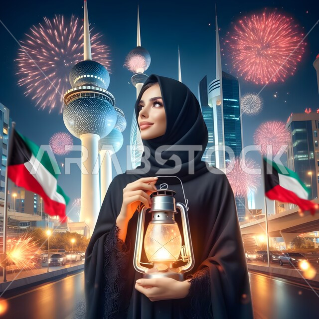 Raising the Kuwaiti flag high, Islamic lanterns and artifacts to celebrate the coming of Eid, a three-dimensional image of a veiled Kuwaiti Arab young woman wearing an abaya holding a luminous metal lamp in her hand, decorations, lights and spiritual atmosphere, Islamic religious holidays, gestures of joy and pleasure, the background of towers and skyscrapers.