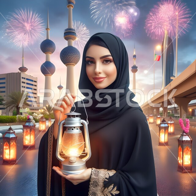 فوانيس وتحف اسلامية للاحتفال بقدوم العيد، صورة ثلاثية الأبعاد لشابة عربية كويتية محجبة ترتدي عباءة تحمل بيدها مصباح معدني مضيء، ديكورات وأنوار وأجواء روحانية، أعياد دينية اسلامية، ايماءات الفرح والسرور، خلفية الأبراج وناطحات السحاب