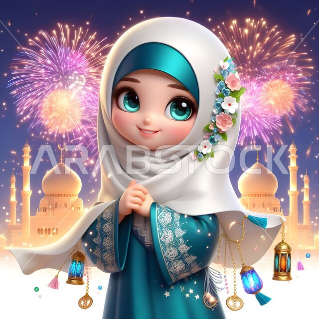 ديكورات وأنوار وأجواء روحانية، رسم كرتوني ثلاثي الأبعاد لفتاة عربية سعودية خليجية محجبة ترتدي عباءة تقوم بالاحتفال بقدوم العيد بايماءات البهجة والسرور، أعياد دينية اسلامية، خلفية العاب نارية