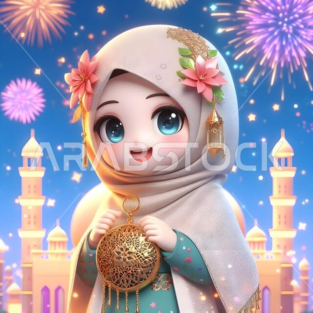 ايماءات الفرح والسرور، تحف اسلامية للاحتفال بقدوم العيد، رسم كرتوني ثلاثي الأبعاد لفتاة عربية سعودية خليجية محجبة ترتدي عباءة تحمل بيدها كرة معدنية، ديكورات وأنوار وأجواء روحانية، أعياد دينية اسلامية، خلفية العاب نارية