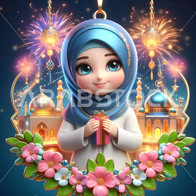 تحف اسلامية للاحتفال بقدوم العيد، تعابير الفرح والسرور، رسم كرتوني ثلاثي الأبعاد لفتاة عربية سعودية خليجية محجبة ترتدي عباءة تحمل بيدها هدية، ديكورات وأنوار وأجواء روحانية، أعياد دينية اسلامية، خلفية العاب نارية
