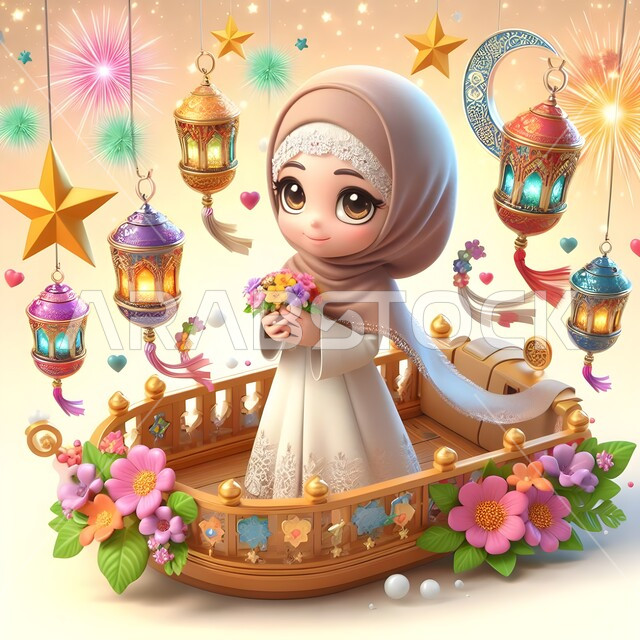 تعابير الفرح والسرور، رسم كرتوني ثلاثي الأبعاد لفتاة عربية سعودية خليجية محجبة ترتدي عباءة تحمل بيدها باقة ازهار، تحف اسلامية للاحتفال بقدوم العيد، ديكورات وأنوار وأجواء روحانية، أعياد دينية اسلامية، خلفية العاب نارية