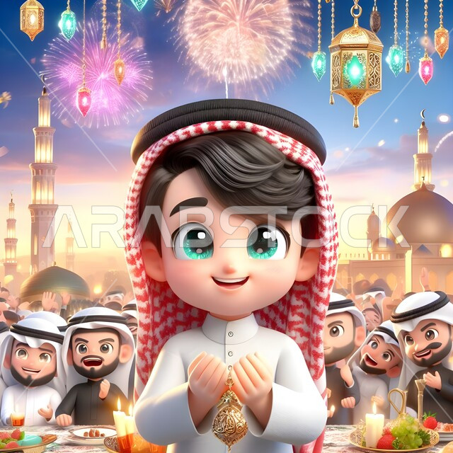 أعياد دينية اسلامية، الاحتفال مع العائلة بقدوم العيد بايماءات البهجة والسرور، ديكورات وأنوار وأجواء روحانية، رسم كرتوني ثلاثي الأبعاد لطفل عربي سعودي خليجي ترتدي الثوب التقليدي يحمل بيده كرة معدنية