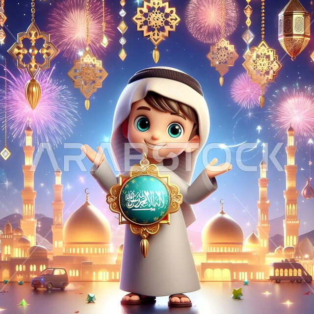 ديكورات وأنوار وأجواء روحانية، أعياد دينية اسلامية، الاحتفال بقدوم العيد بايماءات البهجة والسرور، رسم كرتوني ثلاثي الأبعاد لطفل عربي سعودي خليجي ترتدي الثوب التقليدي يقوم بعرض تميمة تحوي على راية التوحيد