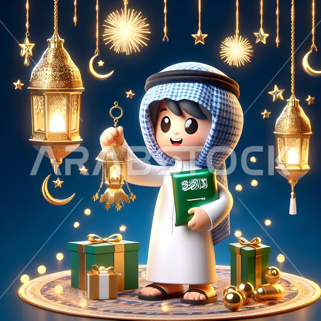 الاحتفال بقدوم العيد بايماءات البهجة والسرور، أعياد دينية اسلامية، ديكورات وأنوار وأجواء روحانية، رسم كرتوني ثلاثي الأبعاد لطفل عربي سعودي خليجي ترتدي الثوب التقليدي يحمل بيده فانوس معدني مضيء