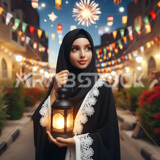 A young Saudi Arabian Gulf woman, veiled, wearing a black abaya, holding a luminous metal lamp in her hand, decorations, lights, and spiritual atmosphere, Islamic lanterns and artifacts to celebrate the coming of Eid, Islamic religious holidays.