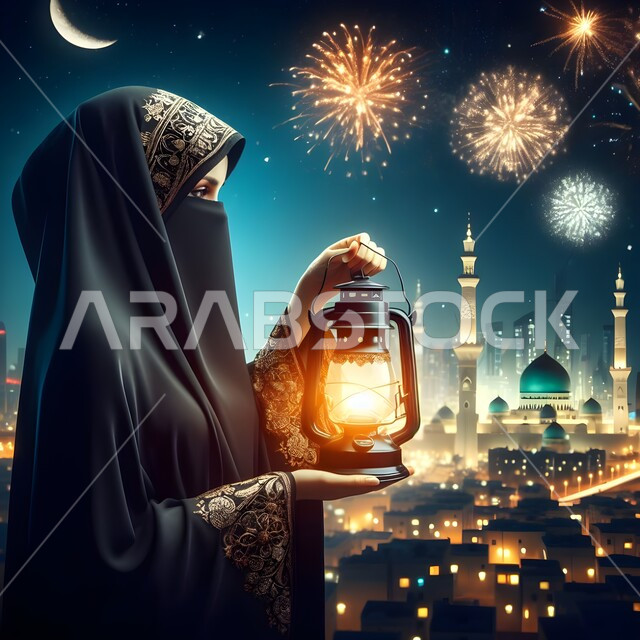 Lanterns and Islamic antiques to celebrate the coming of Eid, a close-up picture from the side of a veiled Saudi Arabian Gulf woman wearing a black abaya and holding a luminous metal lamp in her hand, decorations, lights and spiritual atmosphere, Islamic religious holidays, the background of the mosque