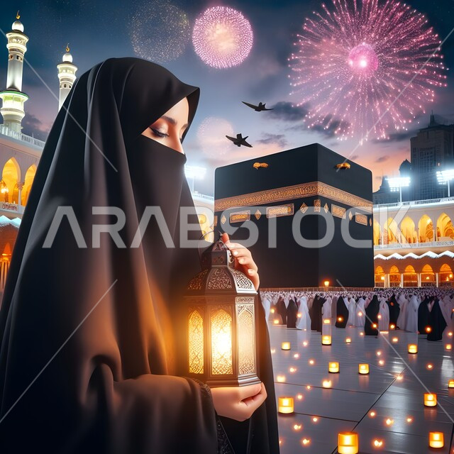 الكعبة المشرفة و الأبراج المحيطة بها في مكة المكرمة، تحف اسلامية للاحتفال بقدوم العيد، صورة مقربة من الجانب لشابة عربية سعودية خليجية منقبة ترتدي عباءة سوداء تحمل بيدها مصباح معدني مضيء، ديكورات وأنوار وأجواء روحانية، أعياد دينية اسلامية