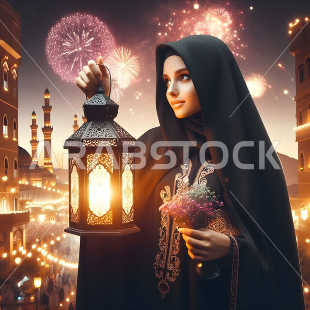 Decorations, lights, and a spiritual atmosphere, lanterns and Islamic artifacts, a close-up picture from the side of a veiled Saudi Arabian Gulf woman wearing a black abaya, holding a luminous metal lamp and a bouquet of flowers in her hand, Islamic religious holidays, the background of constellations and skyscrapers.
