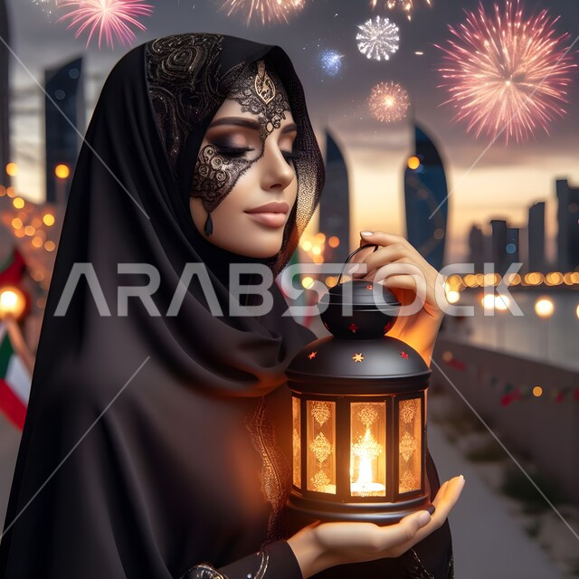 الاحتفال بقدم العيد، ديكورات وأنوار وأجواء روحانية، فوانيس وتحف اسلامية، صورة مقربة من الجانب لشابة عربية سعودية خليجية محجبة ترتدي عباءة سوداء تحمل بيدها مصباح معدني مضيء، أعياد دينية اسلامية، خلفية الابراج وناطحات السحاب 