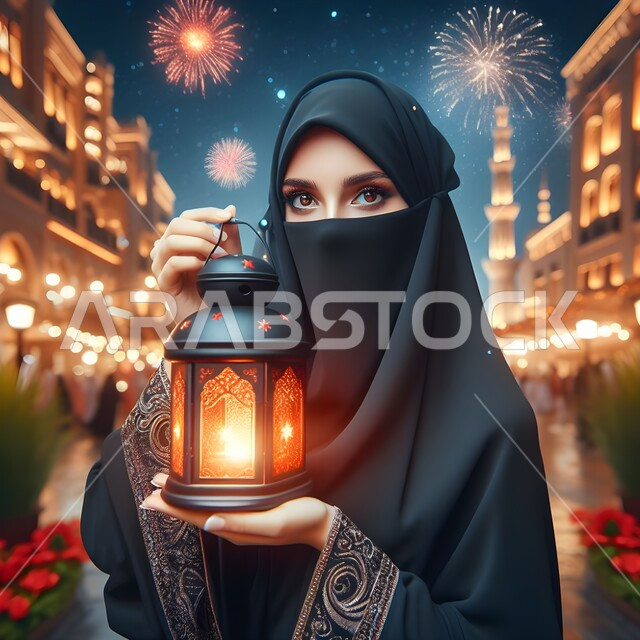 فوانيس وتحف اسلامية، أعياد دينية اسلامية، ديكورات وأنوار وأجواء روحانية، صورة مقربة من الجانب لشابة عربية سعودية خليجية منقبة ترتدي عباءة سوداء تحمل بيدها مصباح معدني مضيء تقوم بالحتفال بقدوم العيد