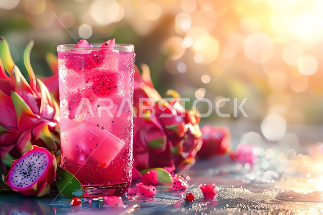 A cup of delicious dragon fruit juice, healthy, beneficial and nutritious drinks, delicious cold natural juices, refreshing seasonal fruit drinks, local Saudi national agricultural fruits and crops.