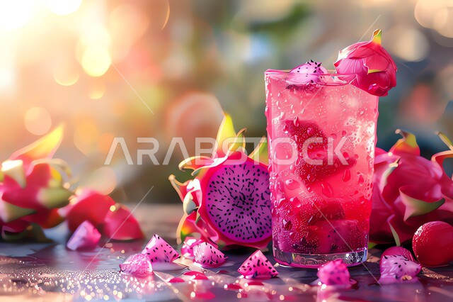 Delicious cold natural juices, refreshing seasonal fruit drinks, local Saudi national agricultural fruits and crops, a cup of delicious dragon fruit juice, healthy, beneficial and nutritious drinks.