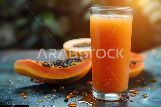 Refreshing seasonal fruit drinks, local Saudi national agricultural fruits and crops, a cup of delicious papaya fruit juice, healthy, beneficial and nutritious drinks, delicious cold natural juices.