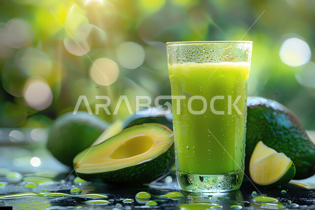 عصائر طبيعية باردة لذيذة، مشروبات فواكه موسمية منعشة، ثمار ومحاصيل زراعية وطنية محلية سعودية، كأس من عصير فاكهه الأفوكادو الشهية، مشاريب صحية ومفيدة ومغذية