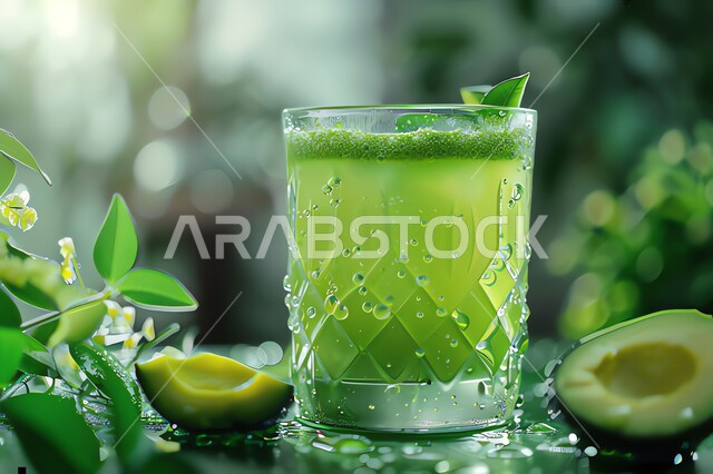 مشاريب صحية ومفيدة ومغذية، عصائر طبيعية باردة لذيذة، مشروبات فواكه موسمية منعشة، ثمار ومحاصيل زراعية وطنية محلية سعودية، كأس من عصير فاكهه الأفوكادو الشهية