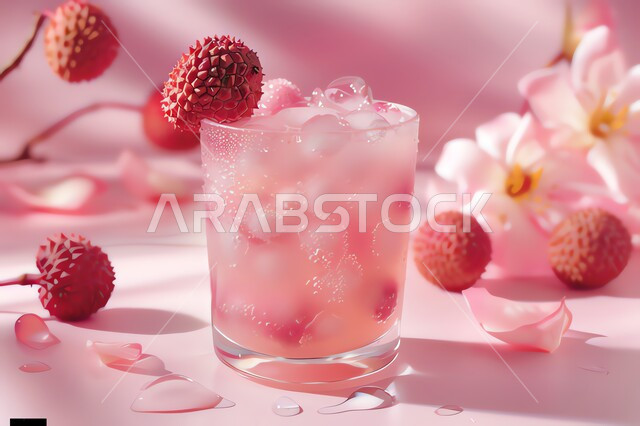 Refreshing seasonal fruit drinks, local Saudi national agricultural fruits and crops, a cup of delicious lychee fruit juice, healthy, beneficial and nutritious drinks, delicious cold natural juices.