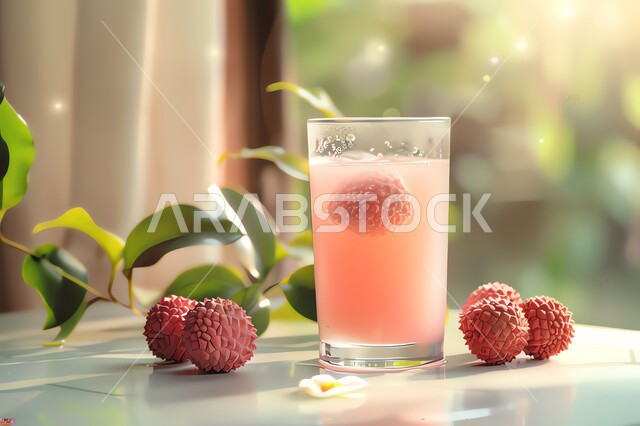 عصائر طبيعية باردة لذيذة، مشروبات فواكه موسمية منعشة، ثمار ومحاصيل زراعية وطنية محلية سعودية، كأس من عصير فاكهه الليتشي الشهية، مشاريب صحية ومفيدة ومغذية