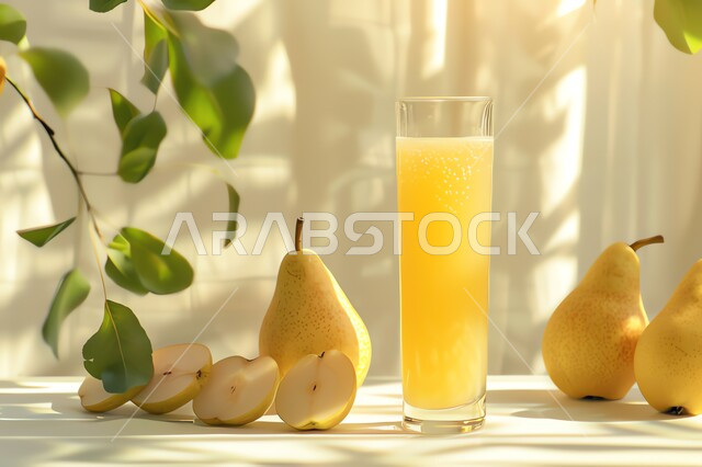 Refreshing seasonal fruit drinks, local Saudi national agricultural fruits and crops, a cup of delicious pear fruit juice, healthy, beneficial and nutritious drinks, delicious cold natural juices.