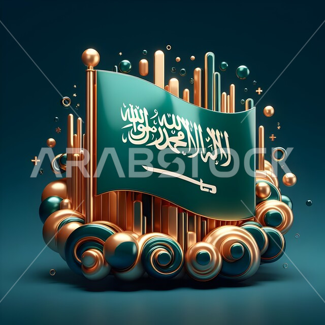راية التوحيد والإسلام، يوم العلم 11 مارس، أيقونة ثلاثية الأبعاد لعلم المملكة على اشكال مختلفة، راية لا اله الا الله محمد رسول الله, الاحتفال بالعيد الوطني 23 سبتمبر, الشعار السعودي باللون الأخضر, خلفية زرقاء