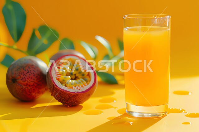 مشاريب صحية ومفيدة ومغذية، عصائر طبيعية باردة لذيذة، مشروبات فواكه موسمية منعشة، محاصيل زراعية وثمار وطنية محلية سعودية، كأس من عصير الباشن فروت الشهية