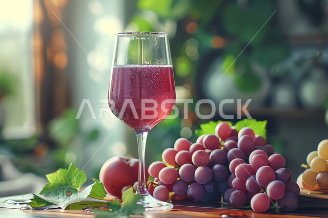 Healthy, useful and nutritious drinks, delicious cold natural juices, refreshing seasonal fruit drinks, agricultural crops and local Saudi national fruits, a cup of delicious red grape fruit juice.