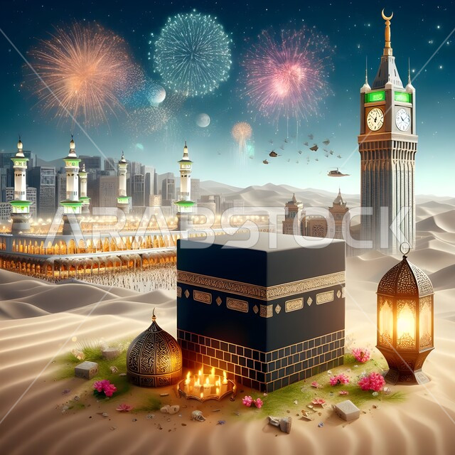 زينة وأنوار للأعياد والمناسبات، معالم وأماكن إسلامية مقدسة، الاستعداد للاحتفال بقدوم العيد، فانوس عربي تقليدي معدني، منظر الكعبة المشرفة في وسط الرمال الناعمة، اكسسوارات وتحف دينية، خلفية أبراج مكة المكرمة