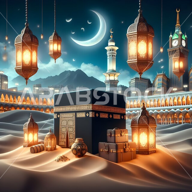 معالم وأماكن إسلامية مقدسة، الاستعداد للاحتفال بقدوم العيد، فانوس عربي تقليدي معدني، منظر الكعبة المشرفة في وسط الرمال الناعمة، اكسسوارات وتحف دينية، زينة وأنوار للأعياد والمناسبات، خلفية أبراج مكة المكرمة