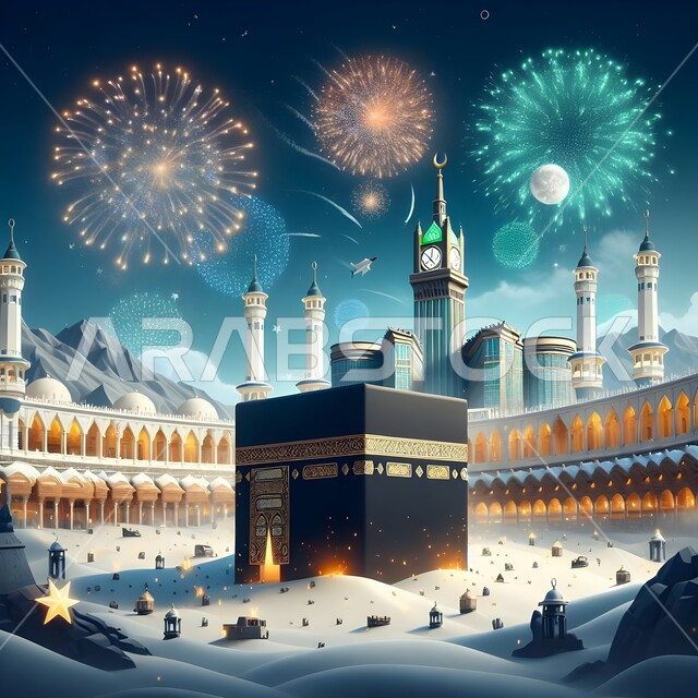 اكسسوارات وتحف دينية، زينة وأنوار للأعياد والمناسبات، معالم وأماكن إسلامية مقدسة، الاستعداد للاحتفال بقدوم العيد، فانوس عربي تقليدي معدني، منظر الكعبة المشرفة في وسط الالعاب النارية، خلفية أبراج مكة المكرمة