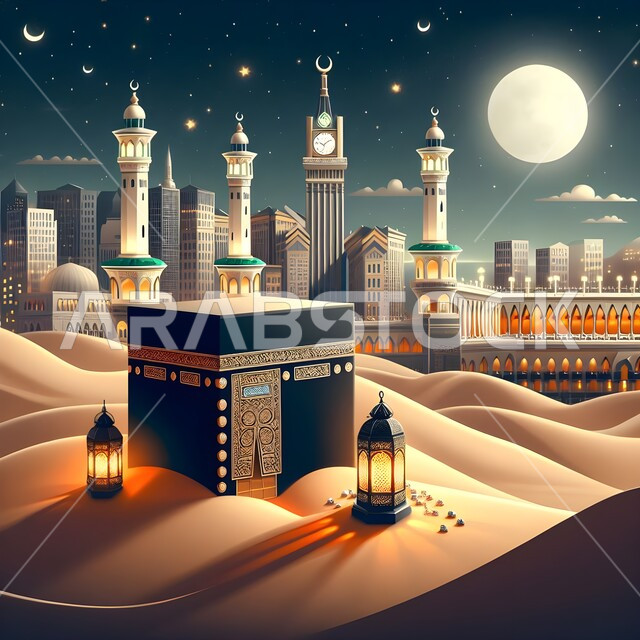Traditional metal Arabic lantern, view of the Holy Kaaba in the middle of soft sand, preparing to celebrate the coming of Eid, religious accessories and artifacts, decorations and lights for holidays and events, Islamic landmarks and holy places, background of the towers of Mecca