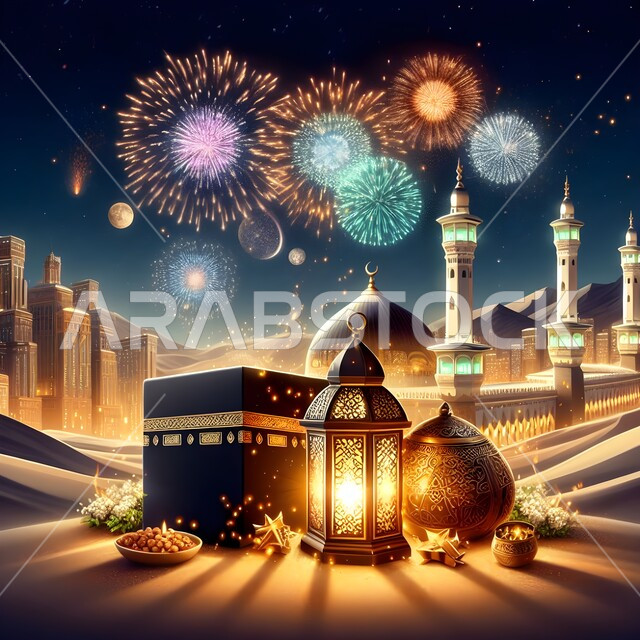 منظر الكعبة المشرفة في وسط الرمال الناعمة، فانوس عربي تقليدي معدني، الاستعداد للاحتفال بقدوم العيد، اكسسوارات وتحف دينية، زينة وأنوار للأعياد والمناسبات، معالم وأماكن إسلامية مقدسة، خلفية أبراج مكة المكرمة