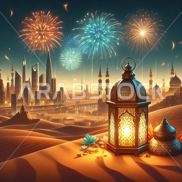 فانوس معدني تقليدي، أعياد و مناسبات دينية، الاستعداد لقدوم العيد، أجواء اسلامية روحانية، الأبراج وناطحات السحاب المشهورة في المملكة العربية السعودية، خلفية الالعاب النارية في مدينة الرياض