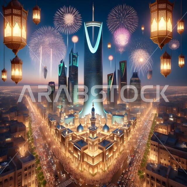 Traditional illuminated metal lanterns, religious holidays and occasions, preparing for the coming of Eid, a spiritual Islamic atmosphere, the famous towers and skyscrapers in the Kingdom of Saudi Arabia, the background of fireworks in the city of Riyadh.