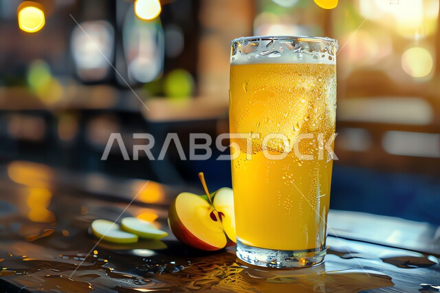 مشروبات فواكه موسمية منعشة، محاصيل زراعية وثمار وطنية محلية سعودية، كأس من عصير فاكهة التفاح اللذيذة على طاولة خشبية، مشاريب صحية ومفيدة ومغذية، عصائر طبيعية باردة شهية