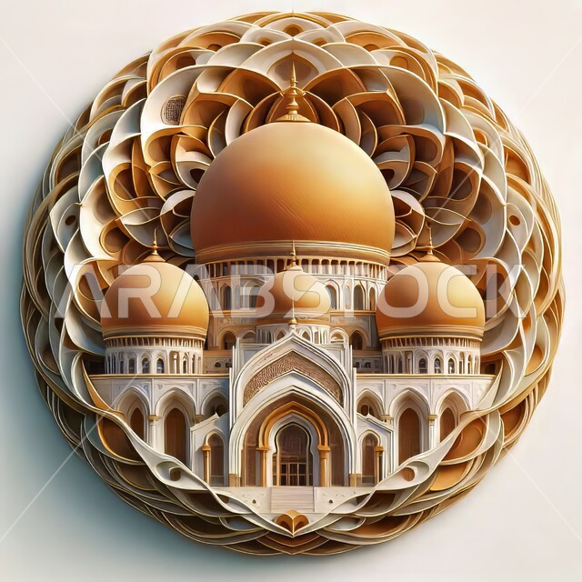 Ornate domes and minarets, architectural geometric art, 3D Islamic decorations and designs, an illustration of the majestic Grand Mosque surrounded by a flower, design of an ancient-style Islamic mosque, white background