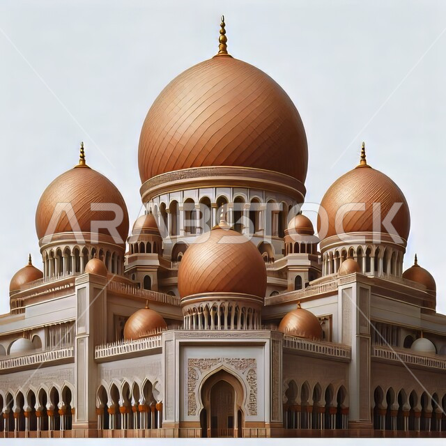 رسم توضيحي للمسجد الكبير المهيب، ديكورات وتصاميم اسلامية ثري دي، المآذن والقبب المزخرفة، الفن الهندسي المعماري، تصميم لجامع إسلامي على الطراز العريق، خلفية بيضاء